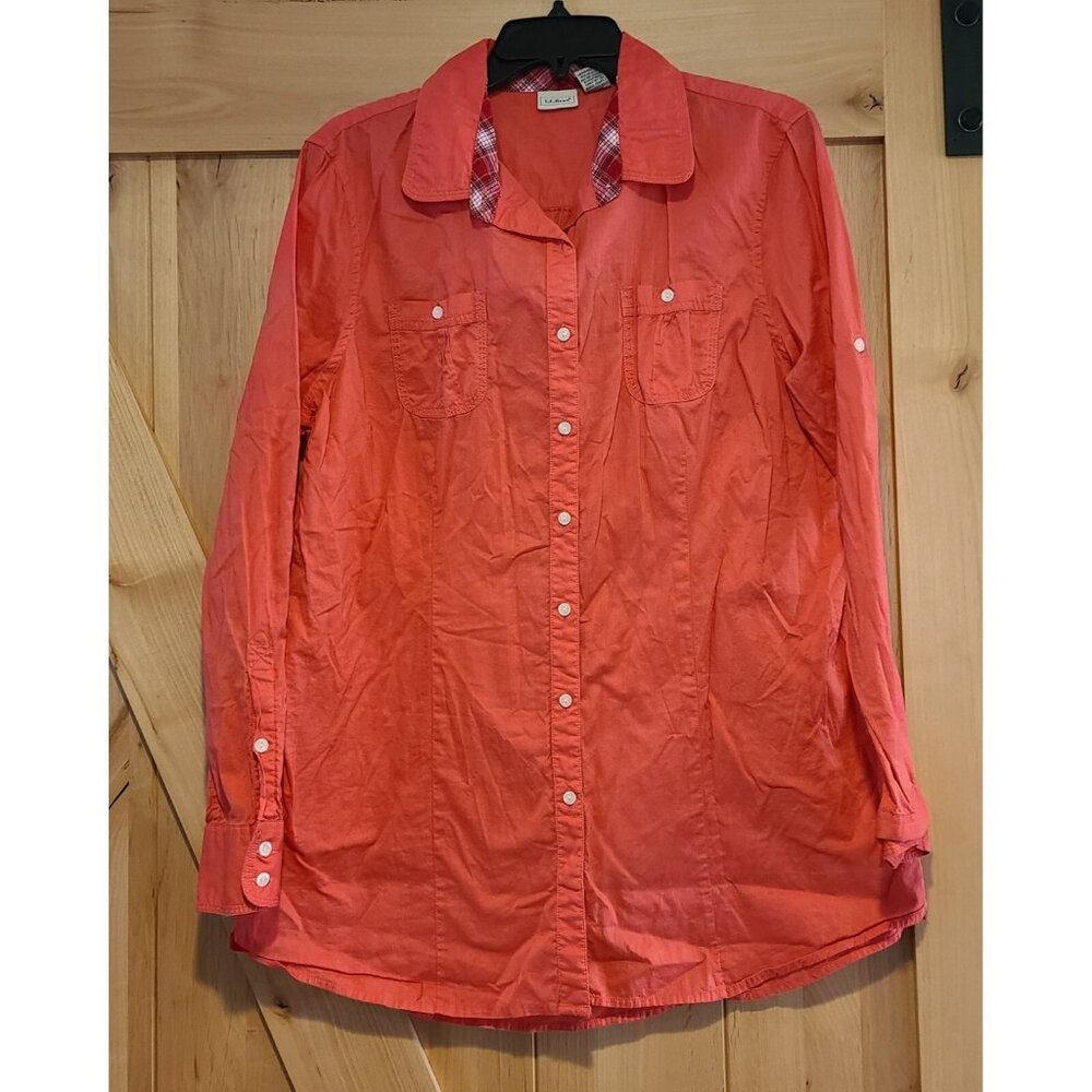 LL Bean Womens Size L Pink Plaid Collar Button Shirt Roll Tab 0jLB3